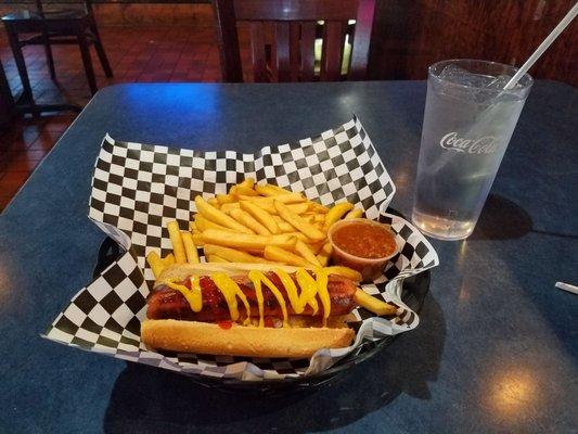 Loaded chili dog with fries and water