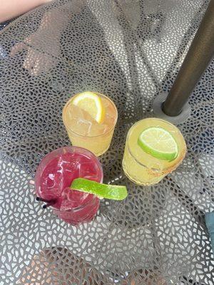 Blueberry mojito, honey peach, and a spicy margarita