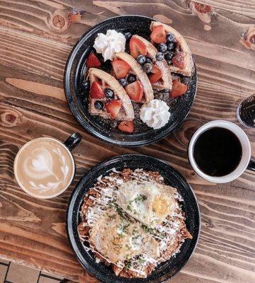 Chilaquiles and churro waffle  Horchata latte and Cafe de olla