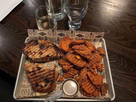 Apple & Pear Panini with shredded chicken and sweet potato waffle fries with amazing(V) Maple Honey Mustard