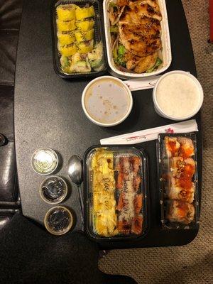 Top left: Cowboy roll then the Teriyaki chicken  Bottom left: Passion roll, middle: Foxy lady & Tiger Roll