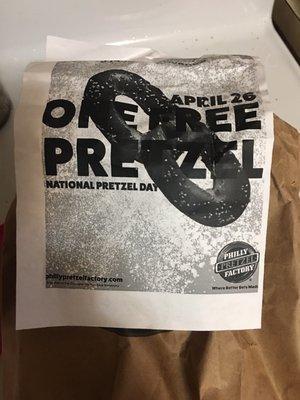 Coupon for 1 free pretzel April 26. I'll be there :-)