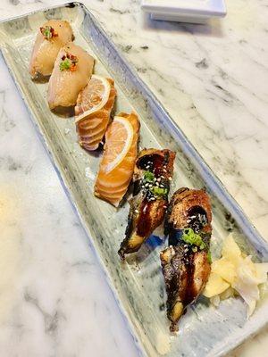 Albacore, soy marinated salmon, unagi