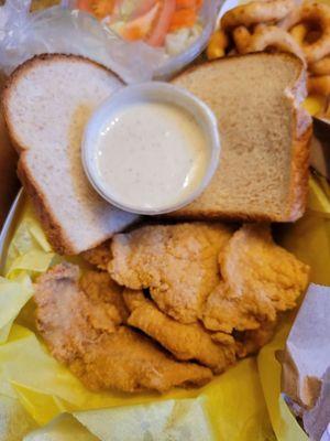 Catfish,  bread, and bad tartar sauce