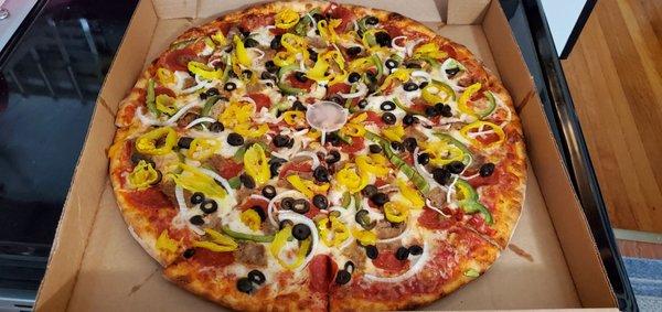 Large w/Pepperoni, Black Olives, Sausage, Onion, Green Pepper, Banana Peppers AWESOME!