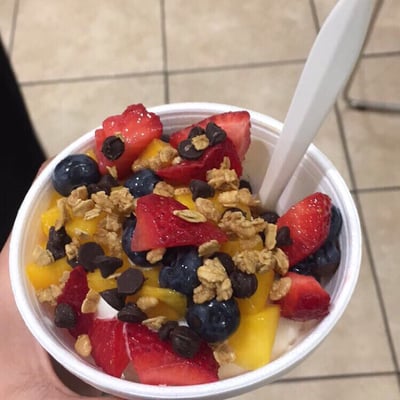 coconut & tart frozen yogurt w/ mango, strawberries, blueberries, dark chocolate chips and granola.