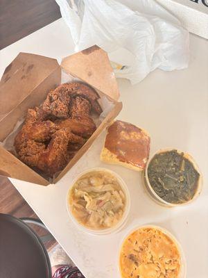 Collard greens, Mac And Cheese, Fried chicken, cornbread, Cabbage