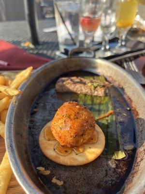 Fried goat cheese. Sirloin steak in background.