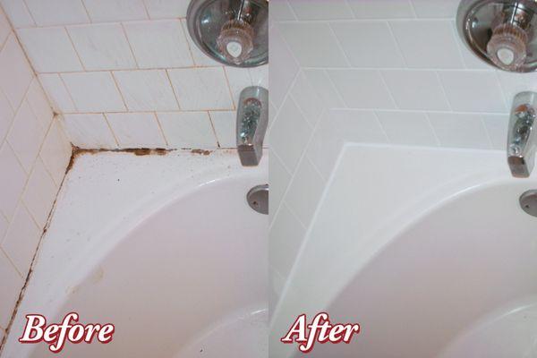 New caulk and cleaning the grout with our Groutsmith Green Clean made this shower shine.