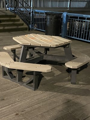 Tables & Benches @ The 40 Foot Tall Hood Milk Bottle Building in Boston near The Seaport District It's a snack bar & ice cream stand.