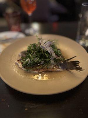 ROASTED BRANZINO with brown butter, meyer lemon, capers, parsley, baby watercress salad, white balsamic vinaigrette