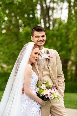 Tan colored tuxedo with our lace and pearl gown (photo my McDonald Photography)