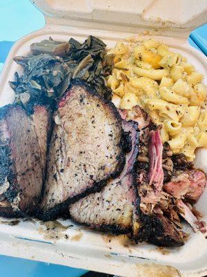 2x2 Combo Plate: brisket, pulled pork with collard greens and Mac and cheese