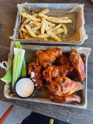 Small Traditional BBQ Wings & Garlic Parmesan Fries. Yum!