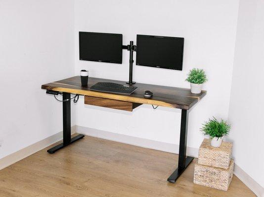 Walnut solid wood Adjustable standing desk with extra underneath drawer storage. Available in stock for the best price in Bay Area.