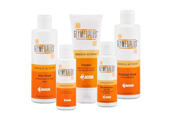 GlyMed Plus Serious Action acne management line, available for purchase during your service or through our web site.