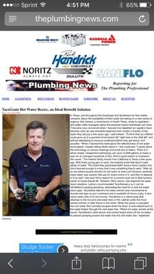 A National Plumbing Trade magazine article featuring Mr Tankless and hot water recirculating technology.