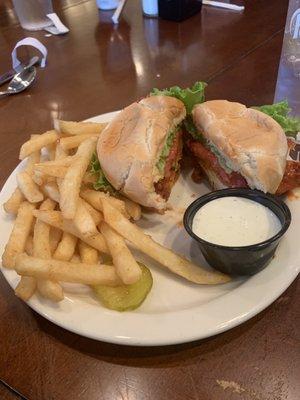 Buffalo Chicken Sandwich and fries.