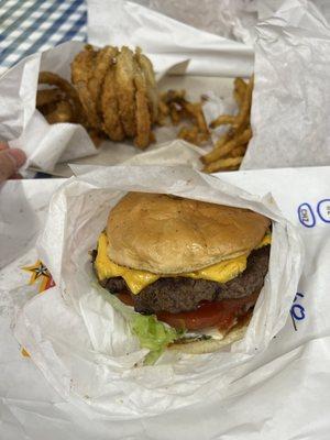 Classic with cheese, onion rings, fries