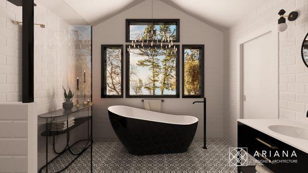 The space is simple and chic, featuring a black oval tub that's given a touch of glam with beautiful chandelier coming down from the ceiling