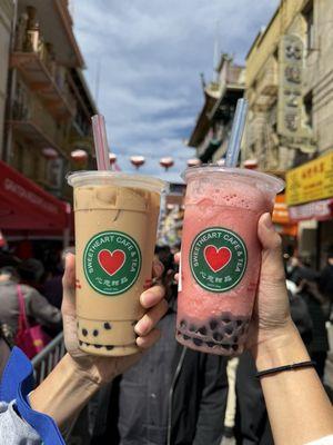 black milk tea , strawberry slushie