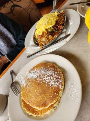 Corn beef hash skillet with pancakes