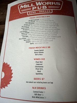 Back of menu- drinks