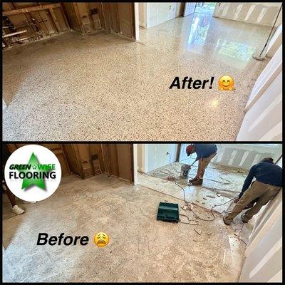 Before & after of a terrazzo floor restored after being covered by tile, linoleum, and carpet.