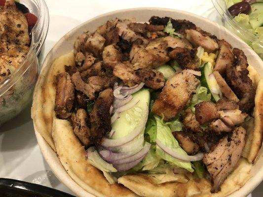 LOVE this salad platter $13.99. Comes with everything I want: meat, pita, rice and salad. Nicely packaged.