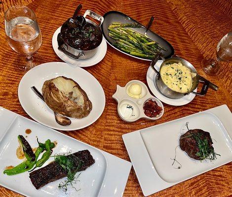 6 oz Ribeye, 8oz filet, baked potato, mushrooms, asparagus, & garlic mashed potatoes