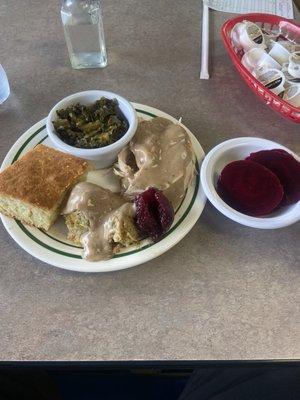 Turkey breast w stuffing & collard greens and pickled beets and cornbread