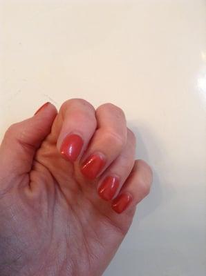 Shellac over acrylic (I decided to add color after acrylic was already applied- I was happy at thin results) Nail length is my choice.