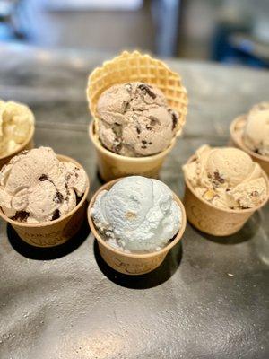 Banana cream pie, cookie dough, Cookie Monster, 100 Graham, blonde cow, double Oreo in waffle cone