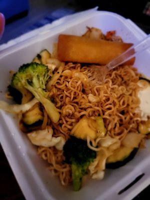 Vegetable YakiSoba Noodles with a Spring Roll