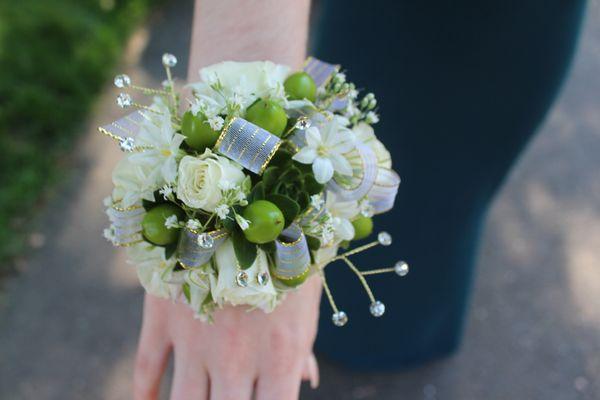 Wrist corsage, prom, wedding, whites and greens, mixed flowers, custom ribbon