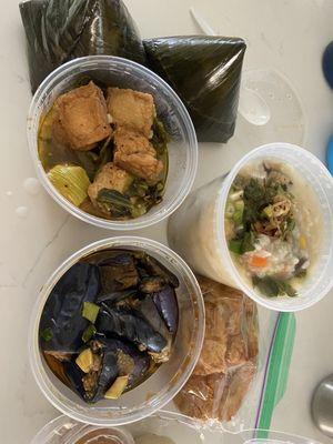 Top banh gio 2/$5, than there's the tofu and eggplant both $6, right is porridge w fried crueler.  All tasty and delicious!