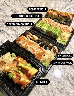 88 Roll, KungPow Roll, Spider Roll, Green Dragon Roll, Hello Gorgeous Roll, Bonfire Roll