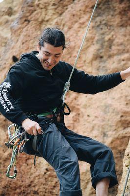 Juan Rodriguez, the owner of AntiGravity Equipment, gear testing out at Smith Rock.