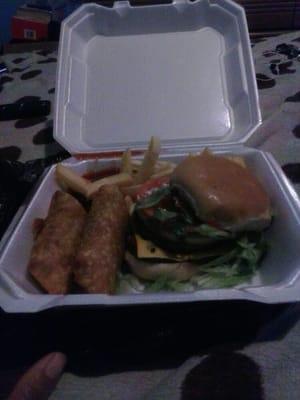 Double burger and shrimp rolls/fries. Also from kim's seafood. Under 7 bucks :-)