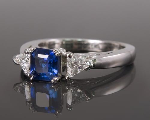 Blue Ceylon Sapphire with Trillion Cut Diamonds, - she said yes!