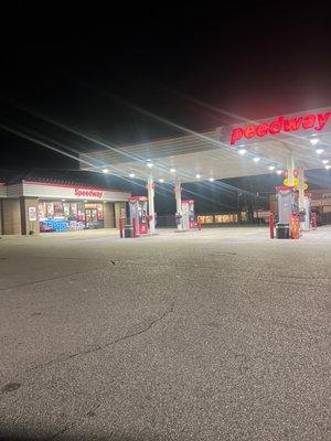 Gas Pumps, Front of Store, Air compressor, Ice coolers, outside shelving.