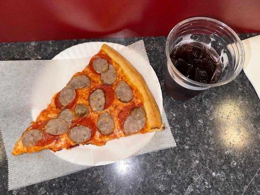 Pepperoni and sausage pizza with Fruit Punch