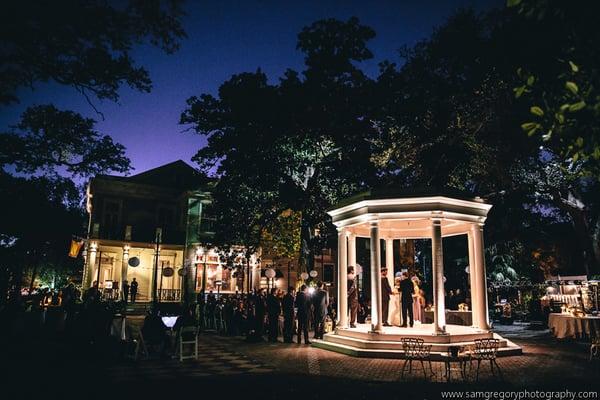 Nighttime reception in the Elms gardens