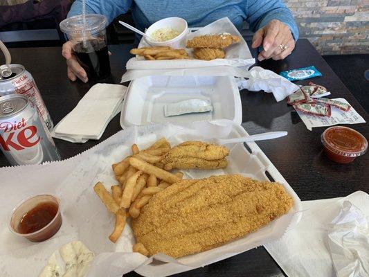 2 meals with 2 pcs catfish each, coleslaw, French fries, 1 drink $13.99. Great deal!