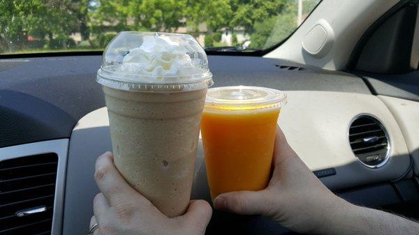 Carmel frap and mango smoothie