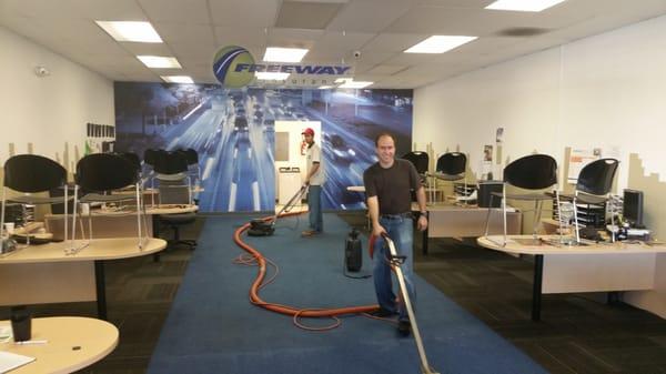 Soil & prespray solution + deep brush+ steam cleaning= ultimate cleaning experience at Freeway Insurance