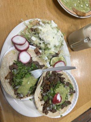 Two Taco de Bistec, one Tostada de Pollo