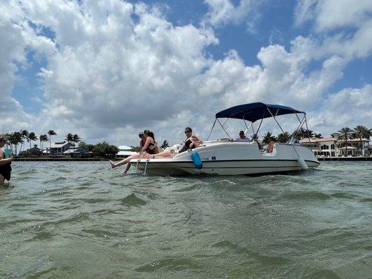 at the sand bar for a swim