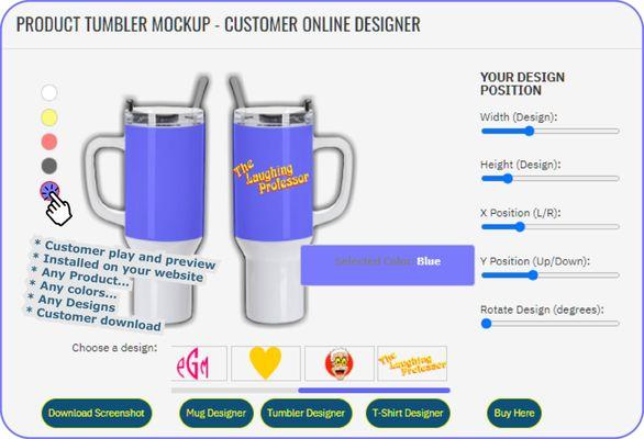 A stand-alone customer online product designer, embedded into your website page, with link to 'buy here' to your product page