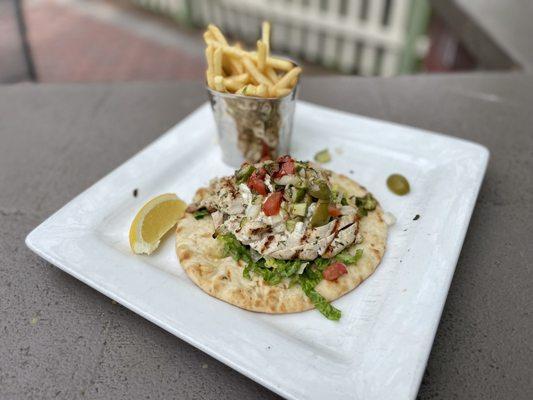 "Rosemary Chicken Gyro" (rosemary chicken, tzatziki, Greek salsa, EVOO, shoestring fries, toasted pita)